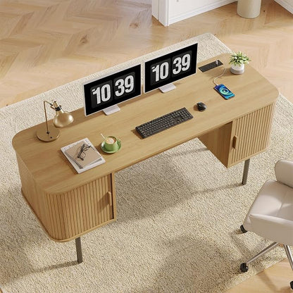 ONBRILL 63 Inch Fluted Computer Desk with Charging Station, Mid Century Executive Desk with 2 Storage Cabinets, Modern Home Office Large Desk with Metal Legs for Working, Studying, Writing, Oak