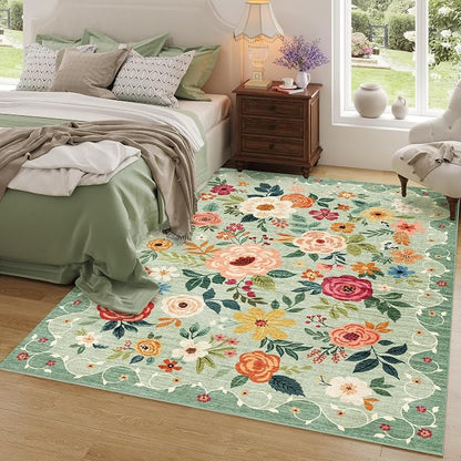 DUKINO 6x9 Area Rug, Floral Rugs for Living Room, Lightweight Non Slip Washable Rug, Indoor Low Pile & Non-Shedding Boho Design Rugs for Bedroom, Living Room, Dining Room, Green