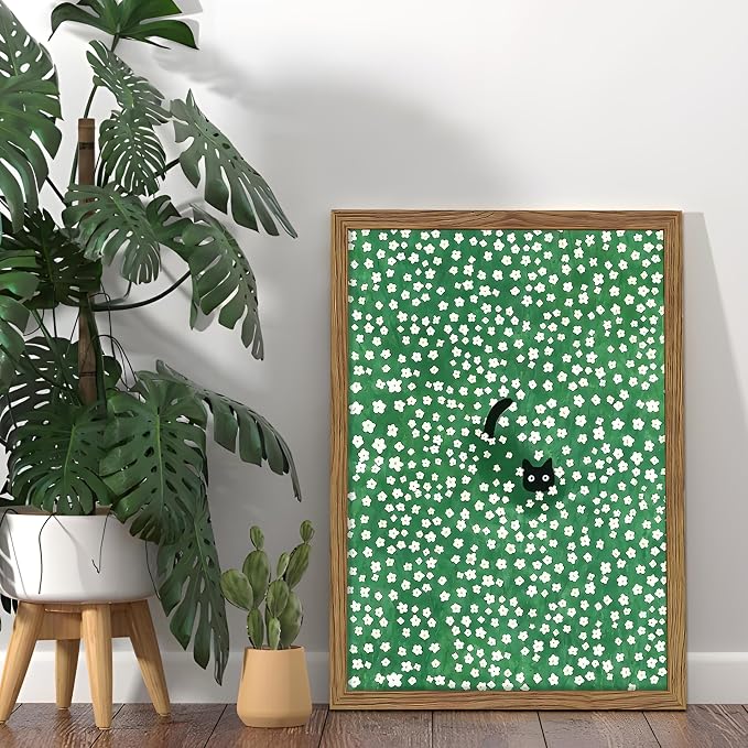 Framed Floral Black Cat Canvas Wall Art, Cute Black Cat in Daisy Field Painting, Animal Poster Print, Modern Home Aesthetic Wall Decor, Flowers Canvas Artwork for Bedroom Living Room 12x16 inch
