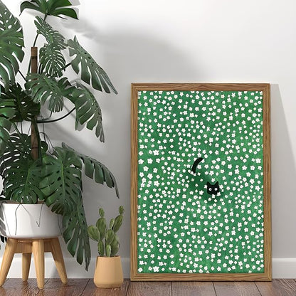 Framed Floral Black Cat Canvas Wall Art, Cute Black Cat in Daisy Field Painting, Animal Poster Print, Modern Home Aesthetic Wall Decor, Flowers Canvas Artwork for Bedroom Living Room 12x16 inch