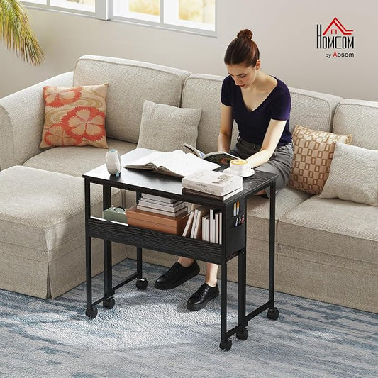 HOMCOM Small Folding Desk, Rolling Computer Desk Foldable with Storage Bag and Shelf, 31.5" Portable Writing Table on Wheels for Small Spaces, Home Office, Study, Easy Assembly, Black