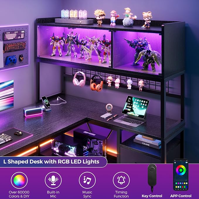 L Shaped Gaming Desk with Fabric Drawers and Power Outlet, Corner Computer Desk with LED-Lit Tempered Glass Display Cabinet, L Shaped Office Desk with Storage,PC Desk for Gaming and Home Office, Black