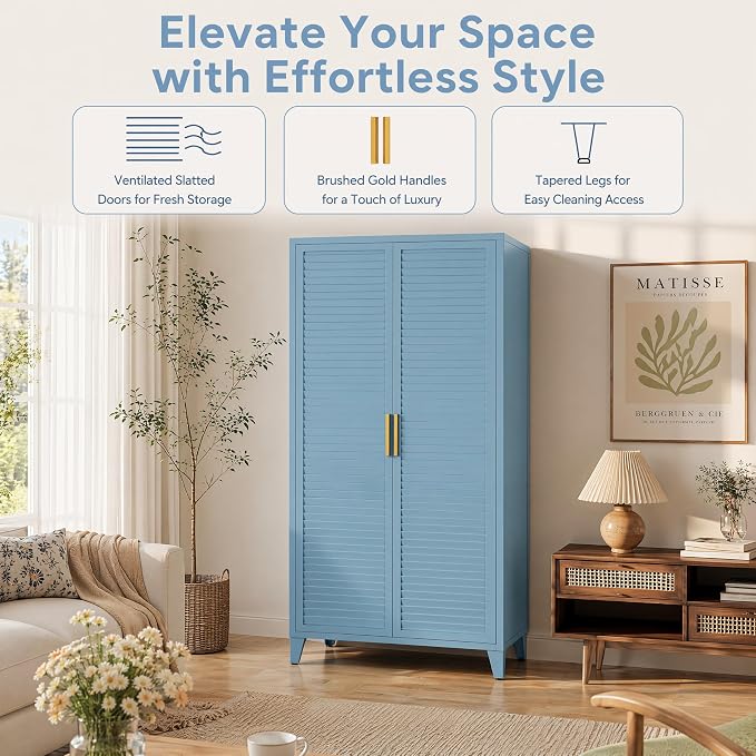 61" Tall Metal Pantry Cabinet with Lock and 3 Adjustable Shelves,Freestanding Heavy Duty steel Storage Locker,Blue Metal Cabinets for Kitchen,Living Room,Laundry,Garage,61" H X 27.6" W X 13.8" D