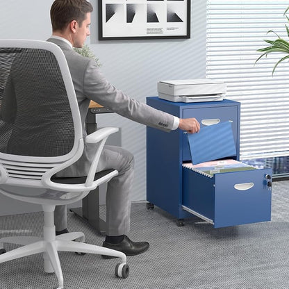 2 Drawer Mobile File Cabinet with Lock, Blue Metal Filing Cabinets with Wheels, Vertical Rolling File Cabinet Fit Hanging Files, Letter and A4 Documents