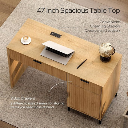 EYYTHUNG 47" Fluted Executive Desk, Modern Wood Home Office Desk with Charging Station, Drawer & Cabinet, Computer Writing Desk for Work Study, Natural Oak