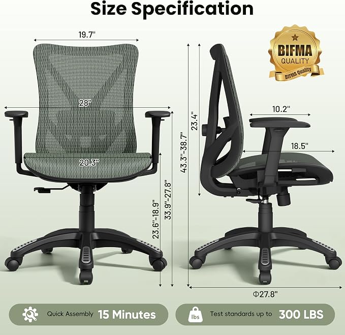 Ergonomic Office Chair, Mesh Computer Desk Chairs with Adjustable Lumbar Support, 3D Armrests, Tilt Function, Comfy Wide Seat, Swivel Executive Work Task Chair for Company and Home