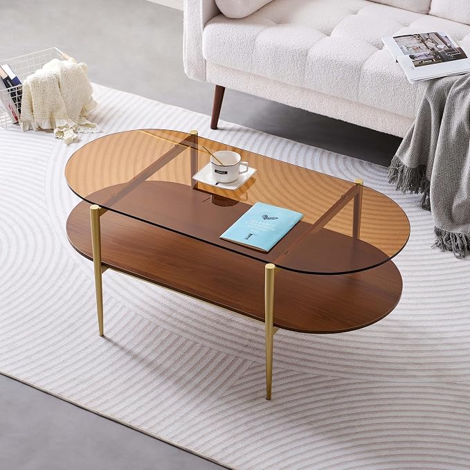 LumFurn Oval Glass Coffee Table, Mid-Century Modern Design, L41 x W21 x H17 inch, for Living Room, 2-Tier Structure, Amber Glass Top and Walnut Finish Wood Shelf, Conical Legs with Gold Finish Frame