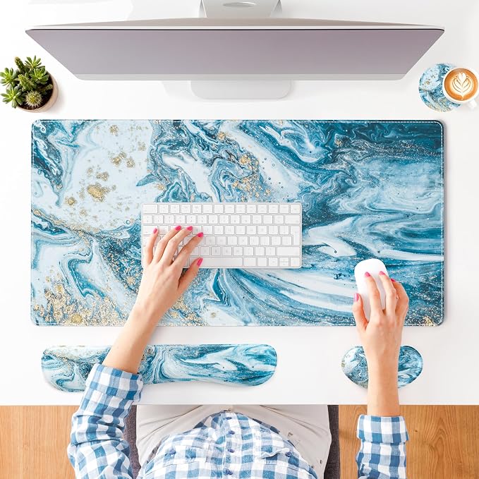QIYI Leather Desk Mat Set, 4-in-1 Large Mouse Pad with Ergonomic Wrist Rest, Waterproof Desk Pad + Keyboard Wrist Rest + Mouse Wrist Support + Coaster, Non-Slip Office Gaming Accessories, Blue Marble