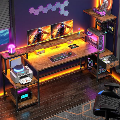 DurayLoly 63" Computer Desk with LED Lights & Outlets,Office Desk with Drawers & Monitor Stand,Gaming Desk with 3 Storage Shelves, Hooks& Printer Space for Game&Study Room,Home Office,Bedroom,Brown