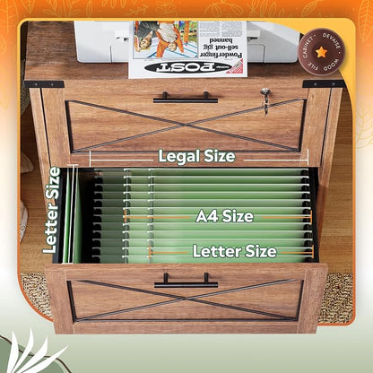 DEVAISE Lateral File Cabinet with Lock, 2 Drawers & Charging Station, Farmhouse Wood Printer Stand with Large Storage, Fits A4/Letter/Legal Hanging Files, Oak