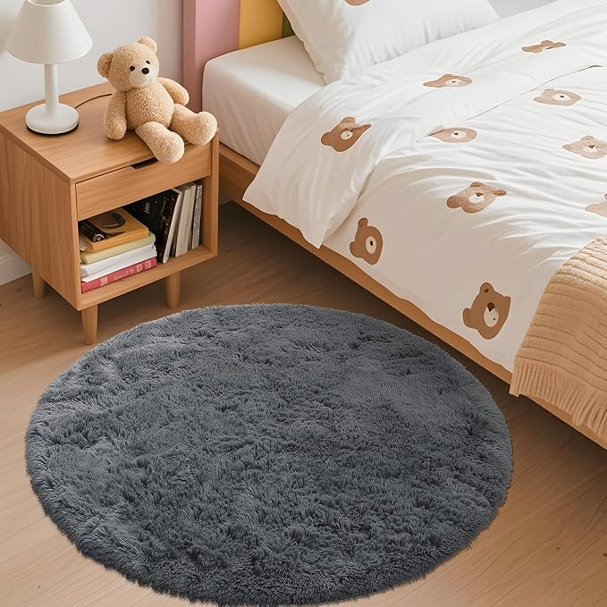 OLANLY Grey Round Rugs for Bedroom - Machine Washable, 3 ft Circle Area Rugs for Living Room, Soft and Fluffy Shaggy Carpet for Teen Girls and Boys, Nursery Rooms, Dorms, Home Decor Aesthetic