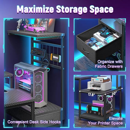 DurayLoly 63" Gaming Desk with LED Lights & Outlets,Computer Desk with Drawers & Monitor Stand,Gaming Table with 3 Storage Shelves, Hooks& Printer Space for Game&Study Room,Home Office,Bedroom,Black