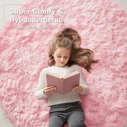 OLANLY Pink Round Rugs for Bedroom - Machine Washable, 9 ft Circle Area Rugs for Living Room, Soft and Fluffy Shaggy Carpet for Teen Girls and Boys, Nursery Rooms, Dorms, Home Decor Aesthetic