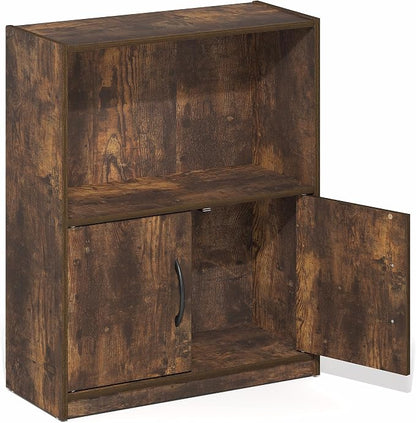 Furinno Gruen Book Shelf, 2-Tier Small Bookshelf, Bookcase with Open Shelf and Doors Storage Cabinet, 9.3 x 21.8 x 27, for Organization and Storage, for Living Room, Bedroom, Home Office, Amber Pine