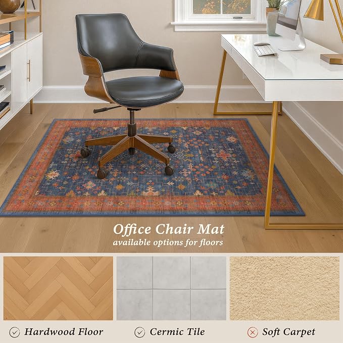 Navy Blue Boho Office Chair Mat for Hardwood Floors, 48x60 Non-Slip Washable Home Office Carpet, Tile Floor Protector for Computer Gaming Chair, Under Desk Rug with Ultra Soft & Low Pile
