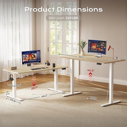 Huuger Electric Standing Desk with Power Outlets and USB-C Port, 55 X 24 Inch Height Adjustable Desk, Sit Stand Desk for Home Office, Computer & Gaming Desk with 4 Presets, Stable Steel Frame, Marple
