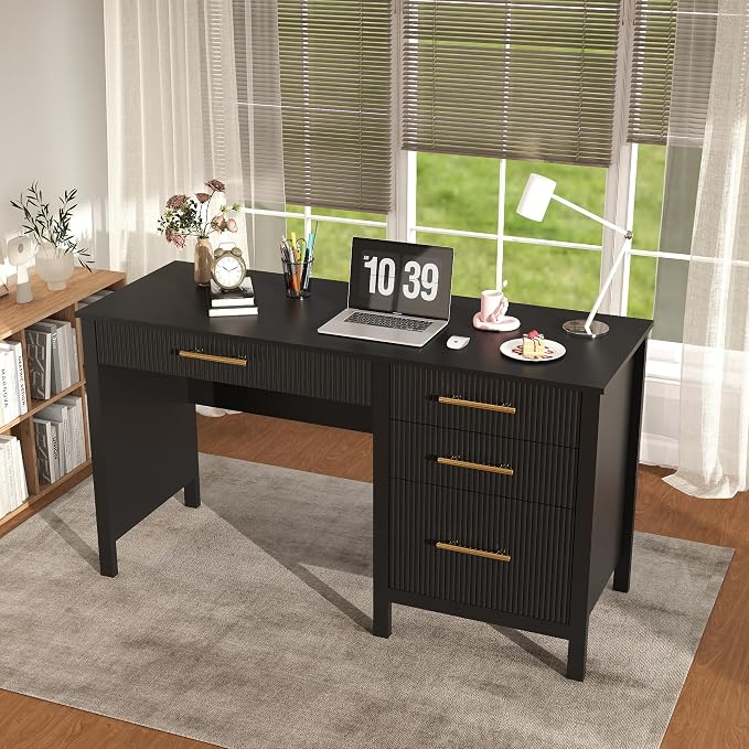 Black Executive Desk with Drawers: 54" Wood Computer Desk with File Drawer, Modern Home Office Desks with Storage, Fluted Writing Desks for Working, Studying (Black, 54")