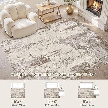 UERMEI 6x9 Area Rug Living Room Rugs - Washable Neutral Modern Abstract Soft Thin Rug Indoor Floor No Slip Rug Carpet for Bedroom Under Dining Table Home Office Decor - Brown/Grey/Beige
