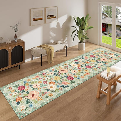 DUKINO Runner Rug for Hallway, 2.6x10 Washable Floral Long Kitchen Rug with Non Slip Backing, Boho Lightweight & Stain Resistant Soft Runners for Indoor Entrance, Laundry, Living Room, Bedroom, Green