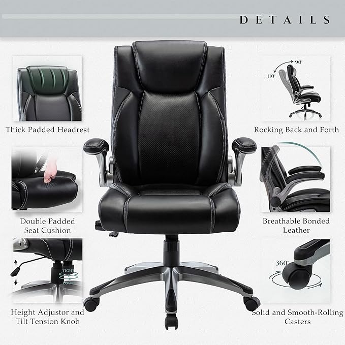COLAMY Office Desk Chair, Ergonomic Computer Chair with Padded Flip-Up Arms and Thick Cushion, Leather office chair with High Back Adjustable Height and Tilt for Working for Working, Study, Gaming,2PC