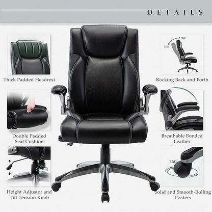 COLAMY Office Desk Chair, Ergonomic Computer Chair with Padded Flip-Up Arms and Thick Cushion, Leather office chair with High Back Adjustable Height and Tilt for Working for Working, Study, Gaming,2PC