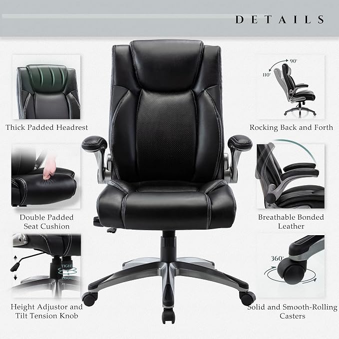 COLAMY Office Desk Chair, Ergonomic Computer Chair with Padded Flip-Up Arms and Thick Cushion, Leather Office Chair with High Back Adjustable Height and Tilt for Working for Working, Study, Gaming