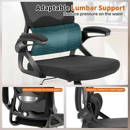 Ergonomic Office Chair,Mesh Office Chair with Lumbar Support,Mid Back Desk Chair with Flip-up Arms,400 lbs Comfy Computer Chair for Home Office (Jet Black)