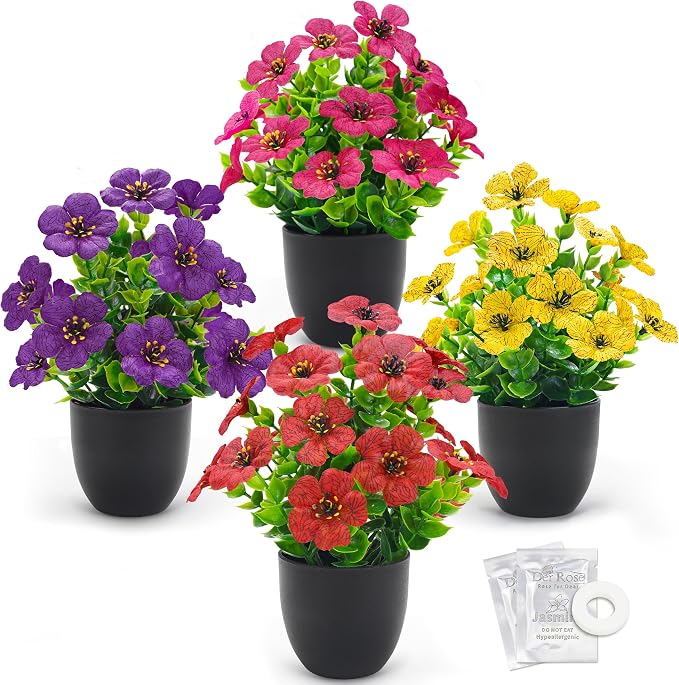 Der Rose 4 Pack Fake Plants Artificial Flowers with Fragrance Tablets for Black Bathroom Bedroom Office Desk Spring Decor