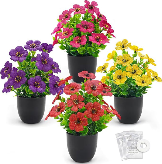 Der Rose 4 Pack Fake Plants Artificial Flowers with Fragrance Tablets for Black Bathroom Bedroom Office Desk Spring Decor