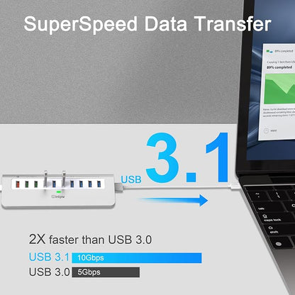 Powered USB Hub 10Gbps, 10 Port USB 3.2 Gen 2 Hub with 7 USB 3.2 Data Ports, 3 Fast Charging Ports, 36W Power Adapter, Type A and Type C Cable, Aluminum USB Hub for Laptop, Mac, PC