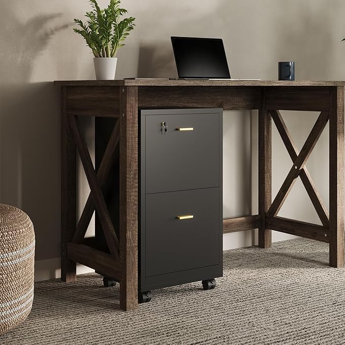 Lavish Home 2 Drawer File Cabinet - Filing Cabinet with Lock - Rolling File Cabinet for Under Desk Storage - Wood Filing Cabinet for Home or Office Organization (Black)