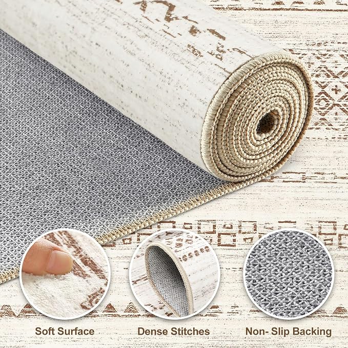Nakagishi Round Rug Boho Area Rugs: 6x6 Washable Large Circle Neutral Soft Stain Resistant Non-Slip Carpet for Women Aged 25-45 Farmhouse Decor Enthusiasts - Living Room Bedroom Dining Room Nursery