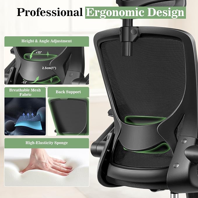 BESTFAIR Office Chair Ergonomic Desk Chair, Breathable Mesh Office Chairs with Adjustable Lumbar Support, Flip-Up Arms, Computer Desk Chair Comfy for Home Office, 4 Pack