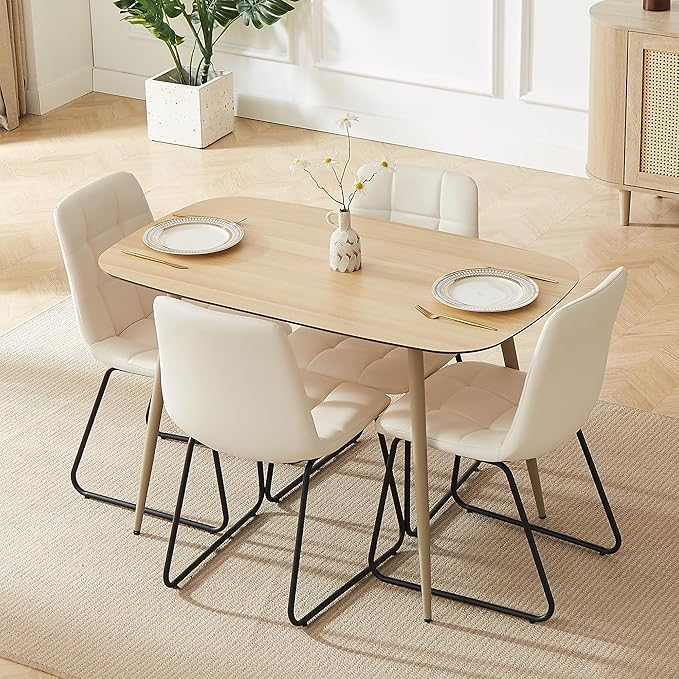 HIPIHOM 47.2'' Dining Table Set for 4 - Modern Wood Table with Cat Scratch-Resistant Surface & 4 U-Shaped White Leather Chairs, Kitchen & Dining Room Furniture, Space-Saving Table and Chairs Set