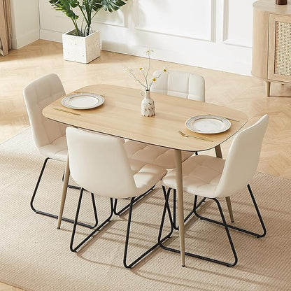 HIPIHOM 47.2'' Dining Table Set for 4 - Modern Wood Table with Cat Scratch-Resistant Surface & 4 U-Shaped White Leather Chairs, Kitchen & Dining Room Furniture, Space-Saving Table and Chairs Set