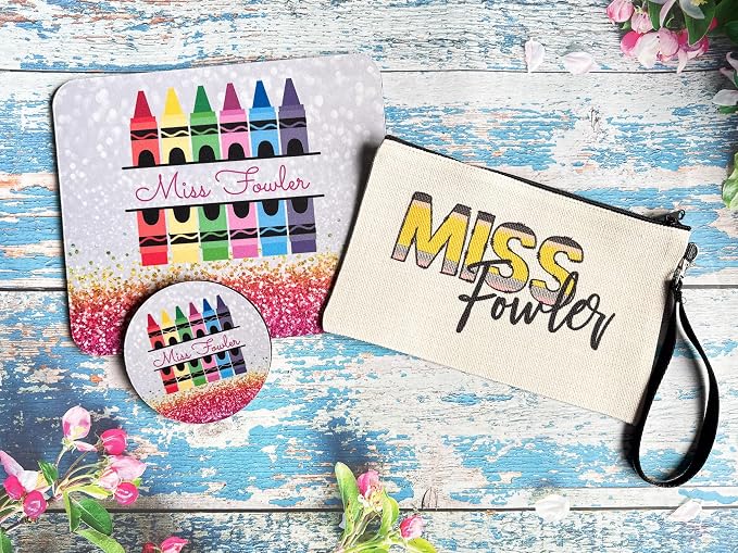 Personalized Teacher Mousepad and Coaster Desk Set Gift for Teachers Appreciation Back to School Classroom Decor Custom Handmade by The Painted Pug (Rainbow Crayon)