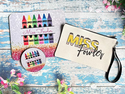 Personalized Teacher Mousepad and Coaster Desk Set Gift for Teachers Appreciation Back to School Classroom Decor Custom Handmade by The Painted Pug (Rainbow Crayon)