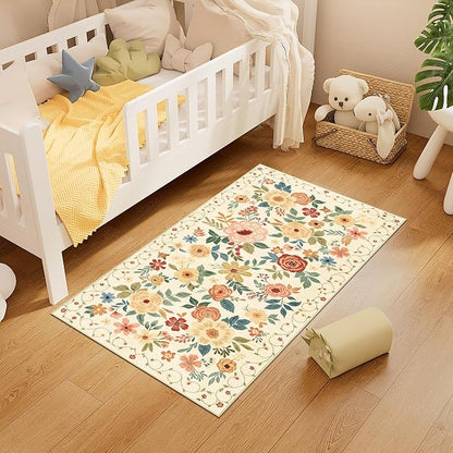 DUKINO 2x4 Rug for Entryway, Washable Kitchen Floral Runner Rug with Non Slip Backing, Low Pile Soft Boho Carpet for Kitchen, Hallway, Entryway, Laundry, Bedroom, Beige Yellow