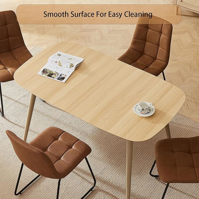 HIPIHOM Modern 4-Piece Dining Table Set for 4 | 55-Inch Wood Kitchen Table & 4 Brown Leather Chairs | Space-Saving Dining Set for Small Spaces, Breakfast Nook, Dining Room