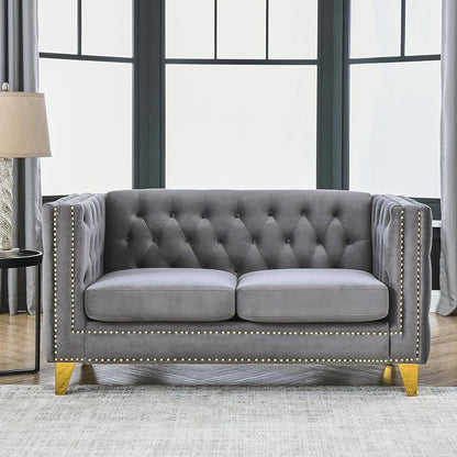 mikibama 58" Velvet Loveseat Sofa Couch for Living Room,Button Tufted 2 Seater Couches with Nailhead Trims,Modern Upholstered 2-seat Sofas with Golden Metal Legs for Bedrooom,Office