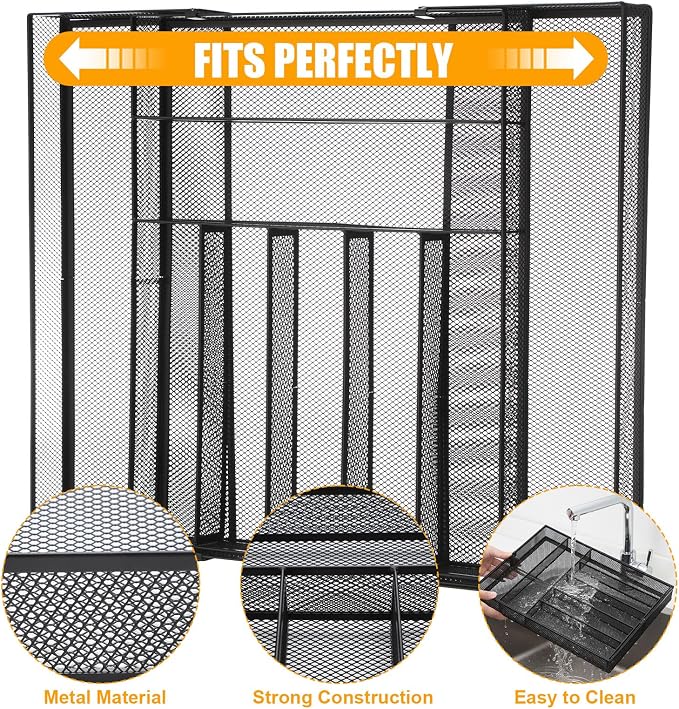 2 Pcs Utensil Drawer Silverware Organizer, Metal Mesh Expandable 13" ~24" Kitchen Drawer Organizer, 7-9 Slots Cutlery Tray Dividers for Kitchen Flatware Christmas Housewarming Gift (Black)
