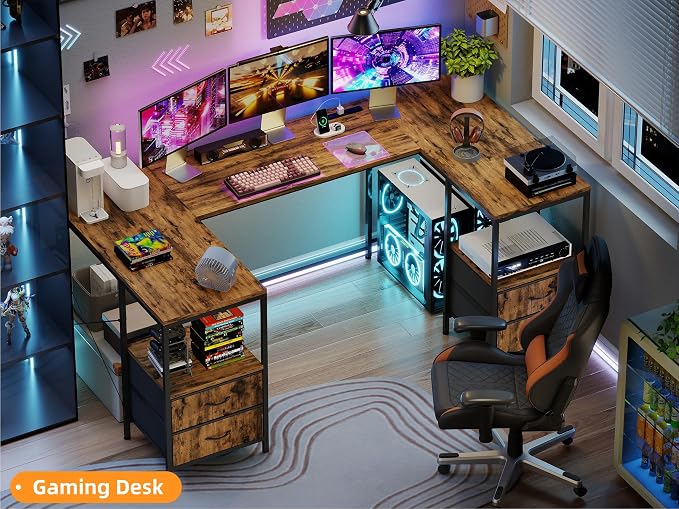 YOSHOOT 67" U Shaped Computer Desk, Reversible L Shaped Gaming Desk | Corner Desk with Power Outlets, 4 Drawers, 2 Storage Shelf, Computer Table with 4 Installation Methods, Rustic Brown