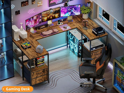 YOSHOOT 67" U Shaped Computer Desk, Reversible L Shaped Gaming Desk | Corner Desk with Power Outlets, 4 Drawers, 2 Storage Shelf, Computer Table with 4 Installation Methods, Rustic Brown