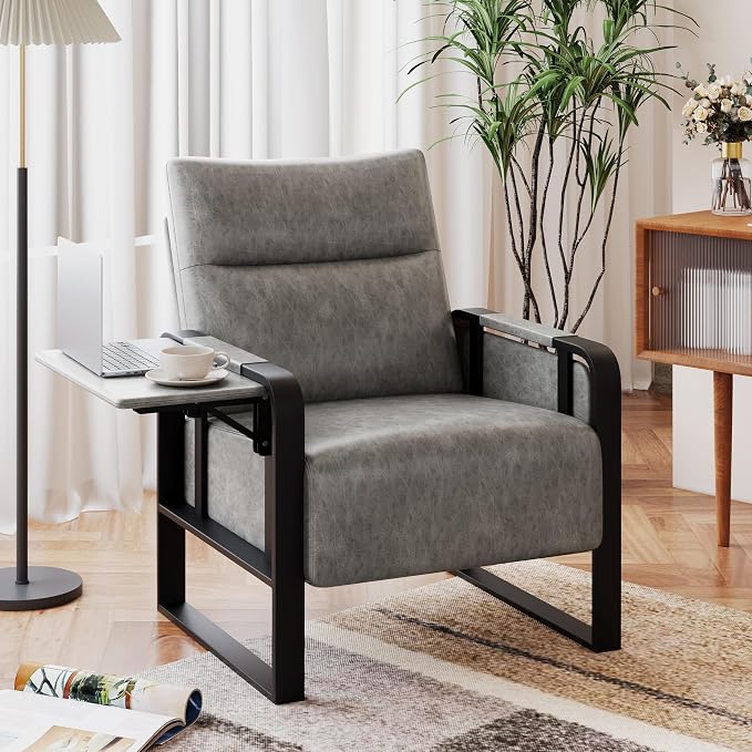 Upholstered Living Room Chair Armchair Set of 2, Mid Century Faux Leather Metal Accent Chair, Reception Couch Office Guest Chair Slipper Club Lounge Single Sofa with Sidetable for Bedroom-Grey