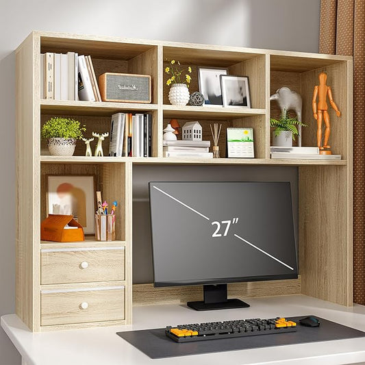 REIBII Desktop Bookshelf, High-Capacity Desk Hutch Organizer with 7 Shelves and 2 Drawers, Adjustable Bookshelf Storage, Desk Shelf for Top of Desk, Desk Hutch Dorm, Natural
