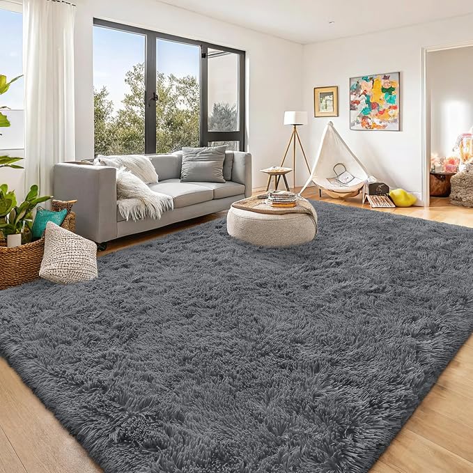 OLANLY 8x8 Machine Washable Large Area Rugs for Living Room, Bedroom, Soft Fluffy Shaggy Bedside Rug, Indoor Floor Carpet for Kids Girls and Boys, Dorms, Nursery, Home Decor Aesthetic, Grey