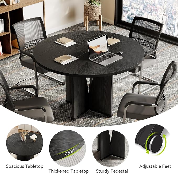 LITTLE TREE 39-Inch Small Conference Table for 4, Round Meeting Table with X-Shape Pedestal, for Office, Conference Room, Small Spaces, Black