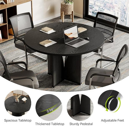 LITTLE TREE 39-Inch Small Conference Table for 4, Round Meeting Table with X-Shape Pedestal, for Office, Conference Room, Small Spaces, Black