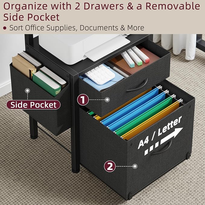 HIGDBFE 2-Drawer File Cabinet with Printer Stand & Dual Shelves, Black | 2-Tier Printer Storage, Letter File Drawer, Reversible Side Bag, Smooth Drawer Slides, Rolling Support Board