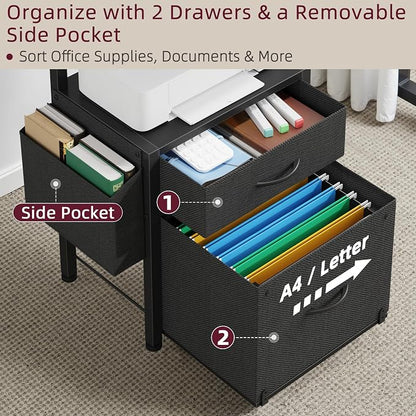 HIGDBFE 2-Drawer File Cabinet with Printer Stand & Dual Shelves, Black | 2-Tier Printer Storage, Letter File Drawer, Reversible Side Bag, Smooth Drawer Slides, Rolling Support Board
